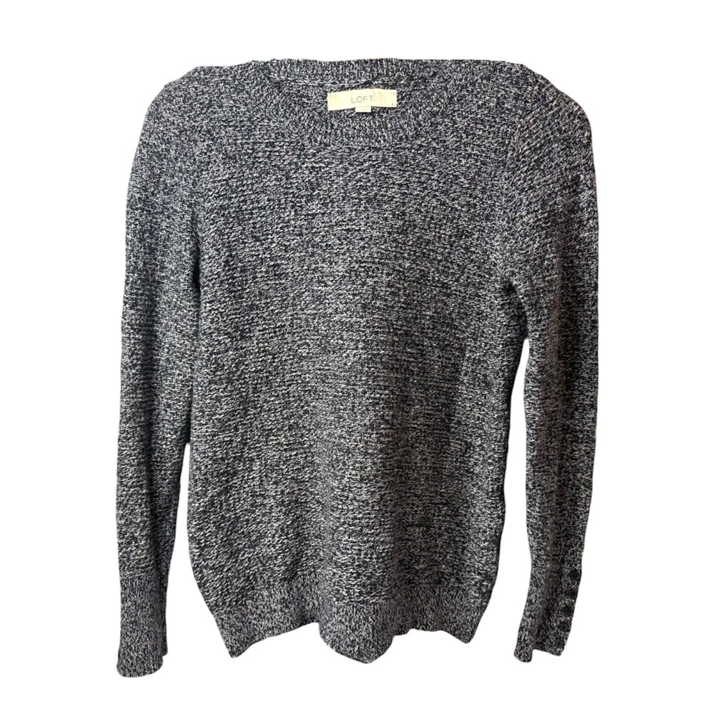 LOFT Sweater Small‎ Black White Knit Pullover Crew Neck 100% Cotton Long Sleeve